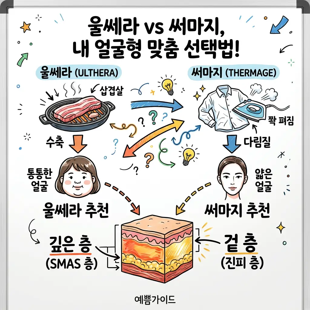 울쎄라 써마지 비교 얼굴형 맞춤 선택법 통통한 얼굴 얇은 얼굴 SMAS층 진피층 시술 추천