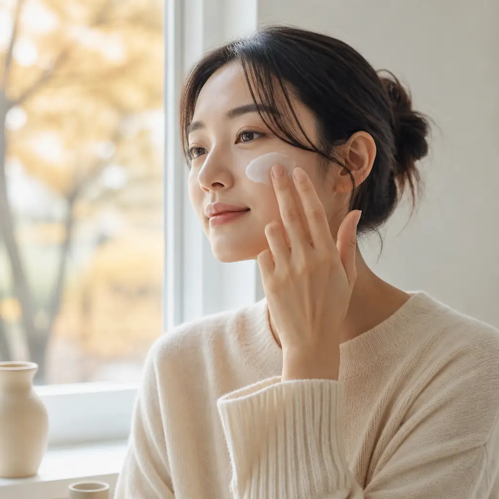 가을 선크림 바르기 가을 자외선 차단을 위해 선크림을 바르는 모습