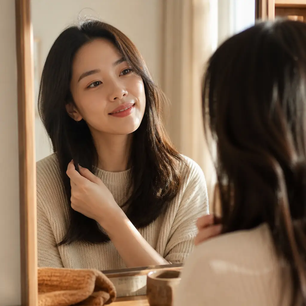 가을 탈모 예방을 위해 건강한 모발을 관리하는 모습