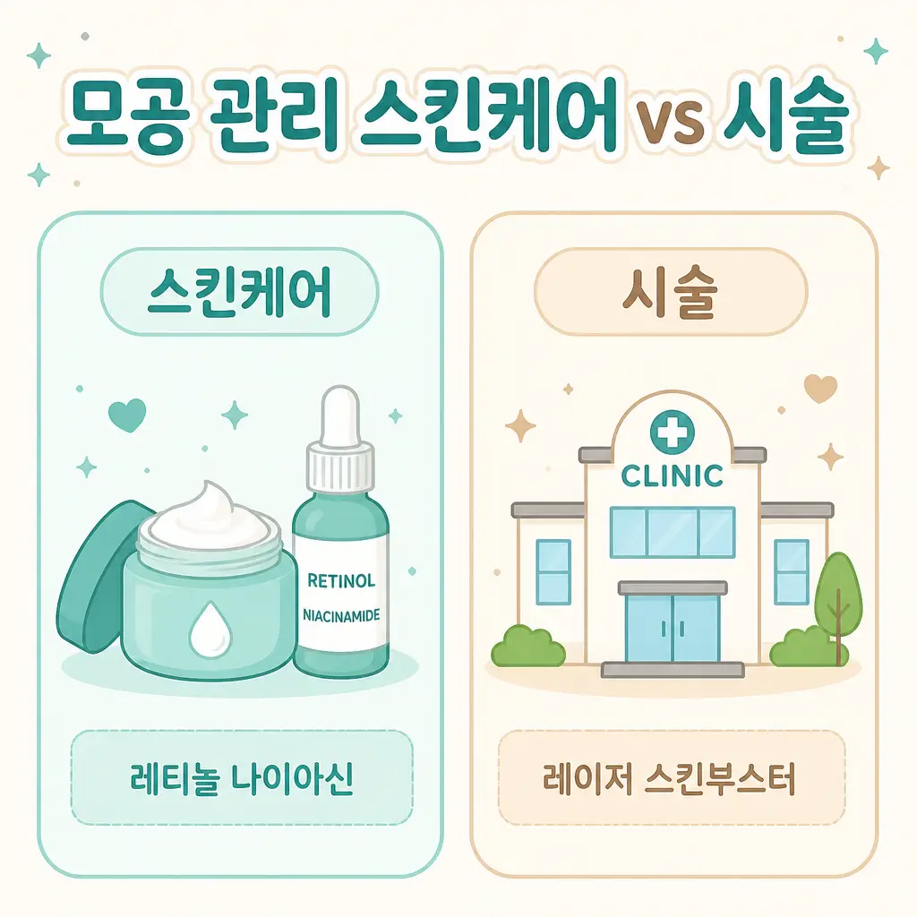 모공 관리 스킨케어 vs 시술 모공 관리 스킨케어와 시술 비교