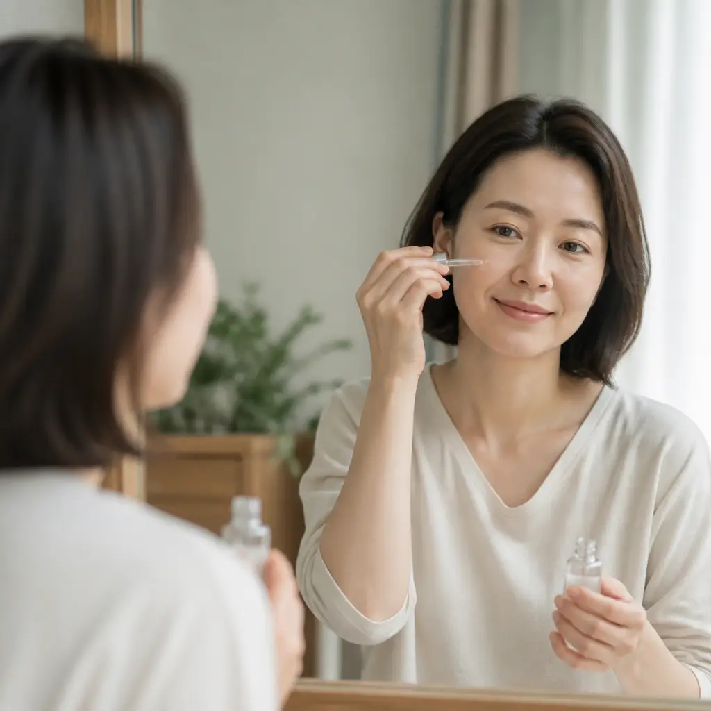 얼굴 잔주름 관리를 위해 세럼을 바르는 모습