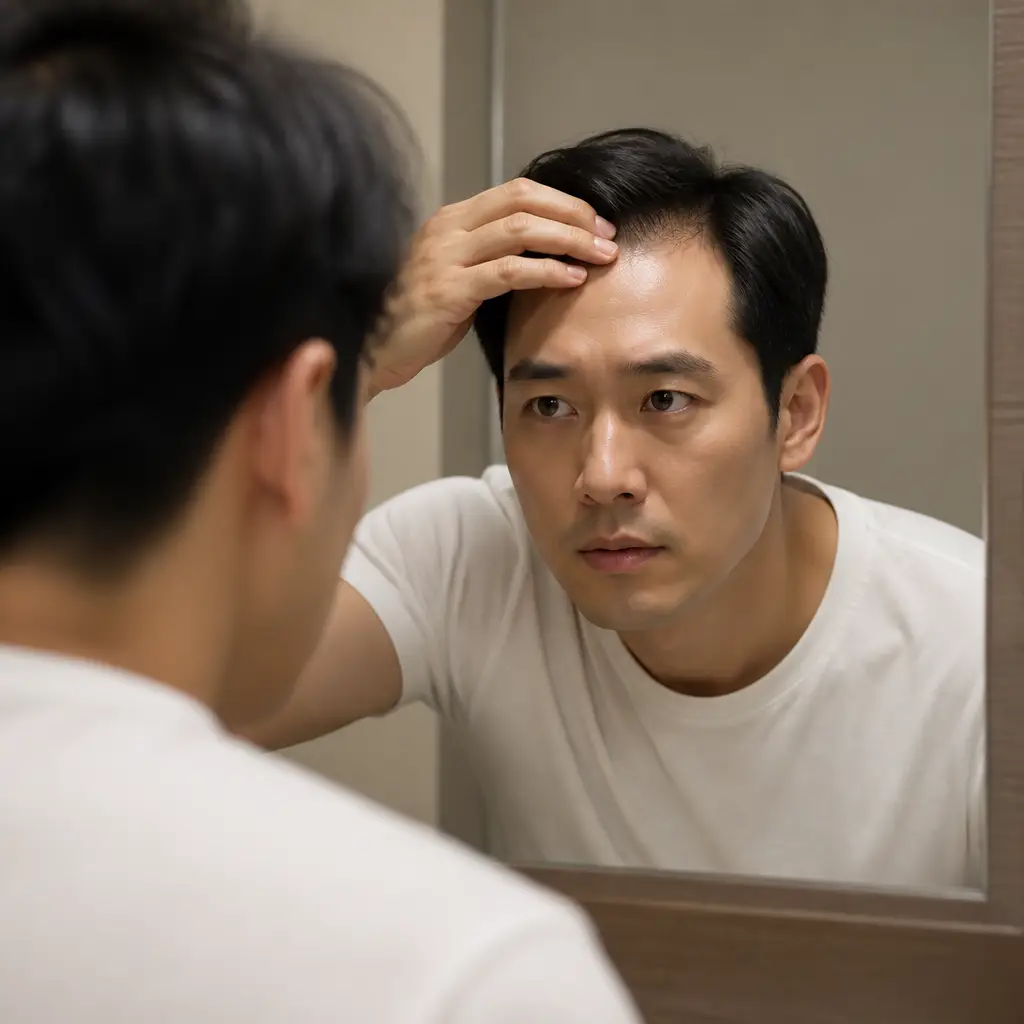M자 탈모가 의심되어 헤어라인을 확인하는 모습